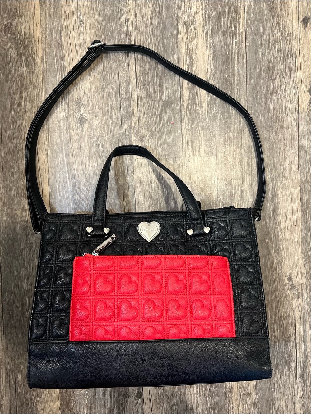 Betsey Johnson Quilted Hearts Satchel Tote Bag Black & Red Textured Novelty